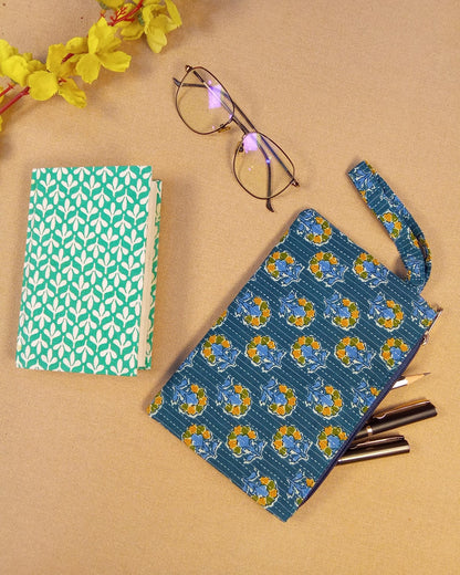 Leaf Print Diary & Floral Pouch Desk Calm Set