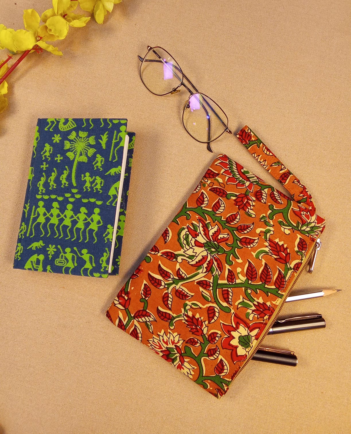 Warli Print Diary & Kalamkari Print Pencil Pouch Desk Calm Set