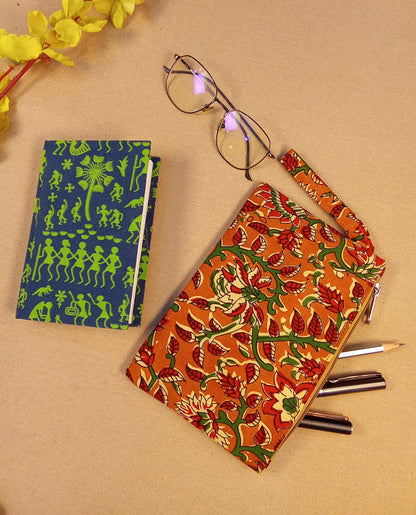 Warli Print Diary & Kalamkari Print Pencil Pouch Desk Calm Set