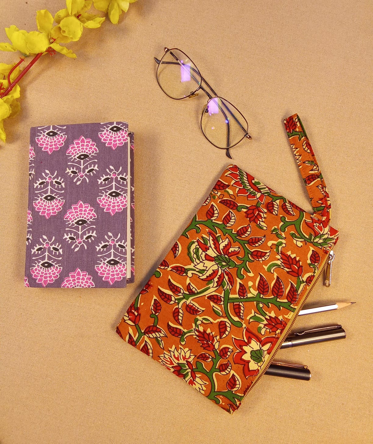 Lotus Bloom Diary & Kalamkari Print Pencil Pouch Desk Calm Set