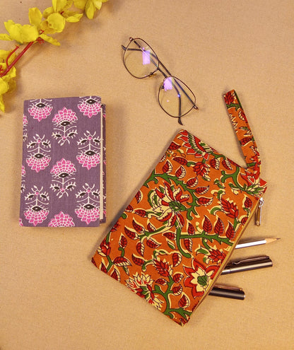 Lotus Bloom Diary & Kalamkari Print Pencil Pouch Desk Calm Set