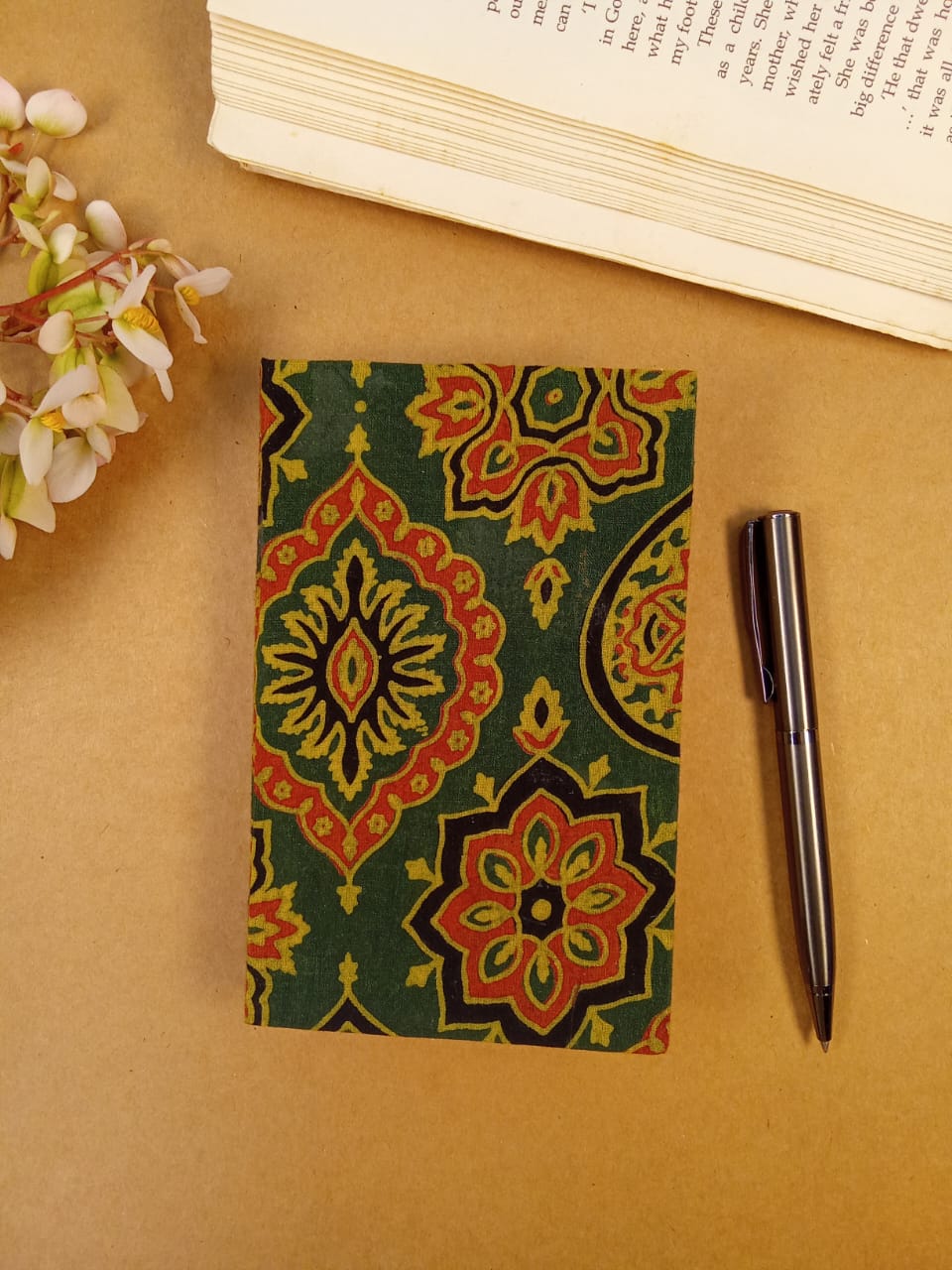 Kalamkari Diary & Mustard Floral Pouch Desk Calm Set