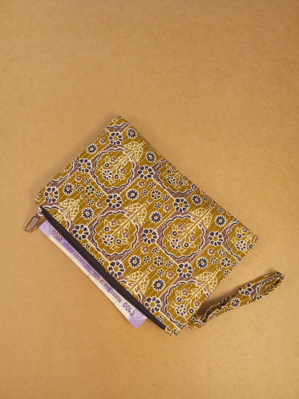 Set of Kalamkari Diary, Block print Clutch, Motif Sunglass Case & Mustard Floral Pouch
