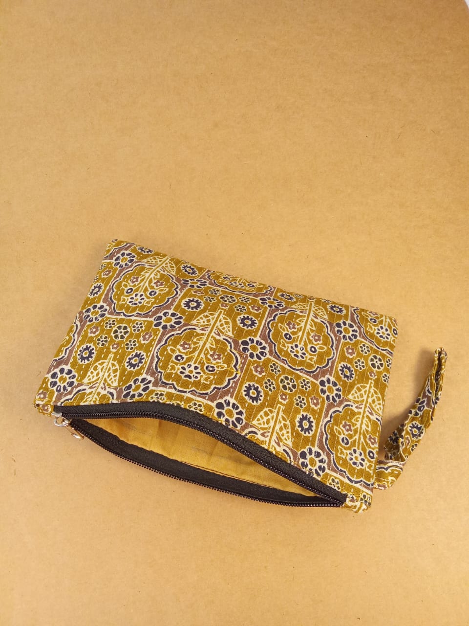 Yellow Floral Print Cotton Multi-Utility Pouch
