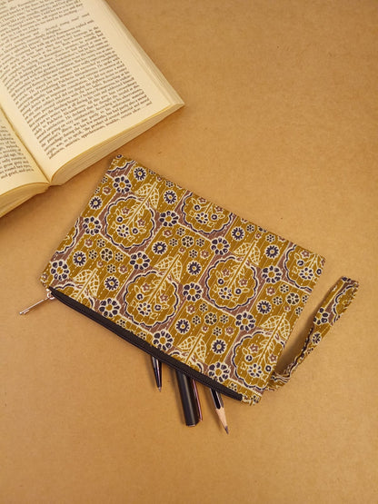 Kalamkari Diary & Mustard Floral Pouch Desk Calm Set
