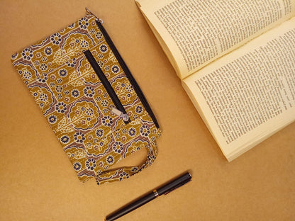 Yellow Floral Print Cotton Multi-Utility Pouch