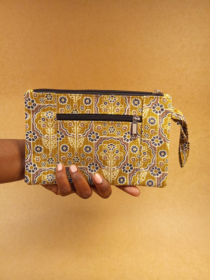 Yellow Floral Print Cotton Multi-Utility Pouch