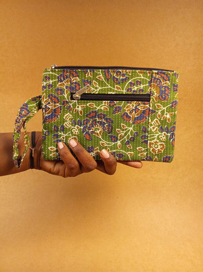 Green Kalamkari Print Cotton Multi-Utility Pouch