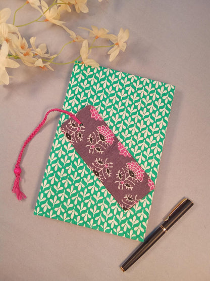 Green Leaf Print Diary & Mauve Floral Bookmark Desk Calm Set
