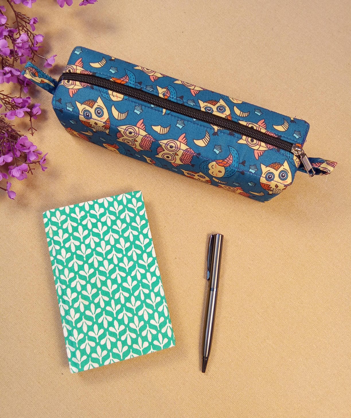Green Leaf Print Diary & Owl Pencil Pouch Desk Calm Set
