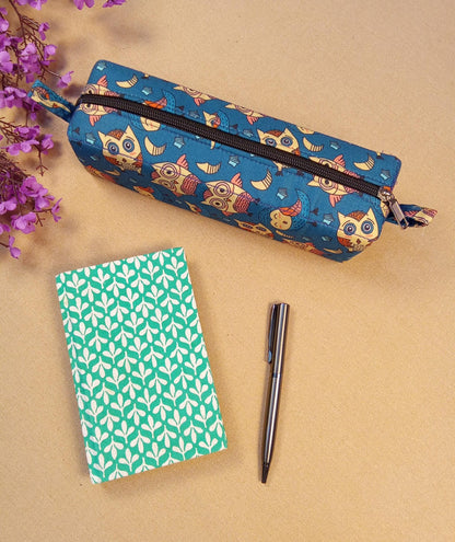 Green Leaf Print Diary & Owl Pencil Pouch Desk Calm Set