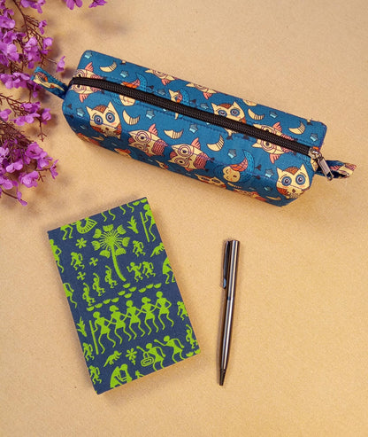 Warli Print Diary & Owl Pencil Pouch Desk Calm Set