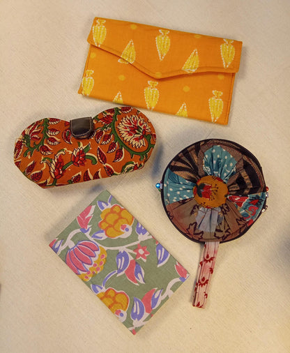 Set of Green Printed Diary, Mustard Printed Clutch, Floral Eyewear Case & Floral Coin Pouch - Work & Wonder