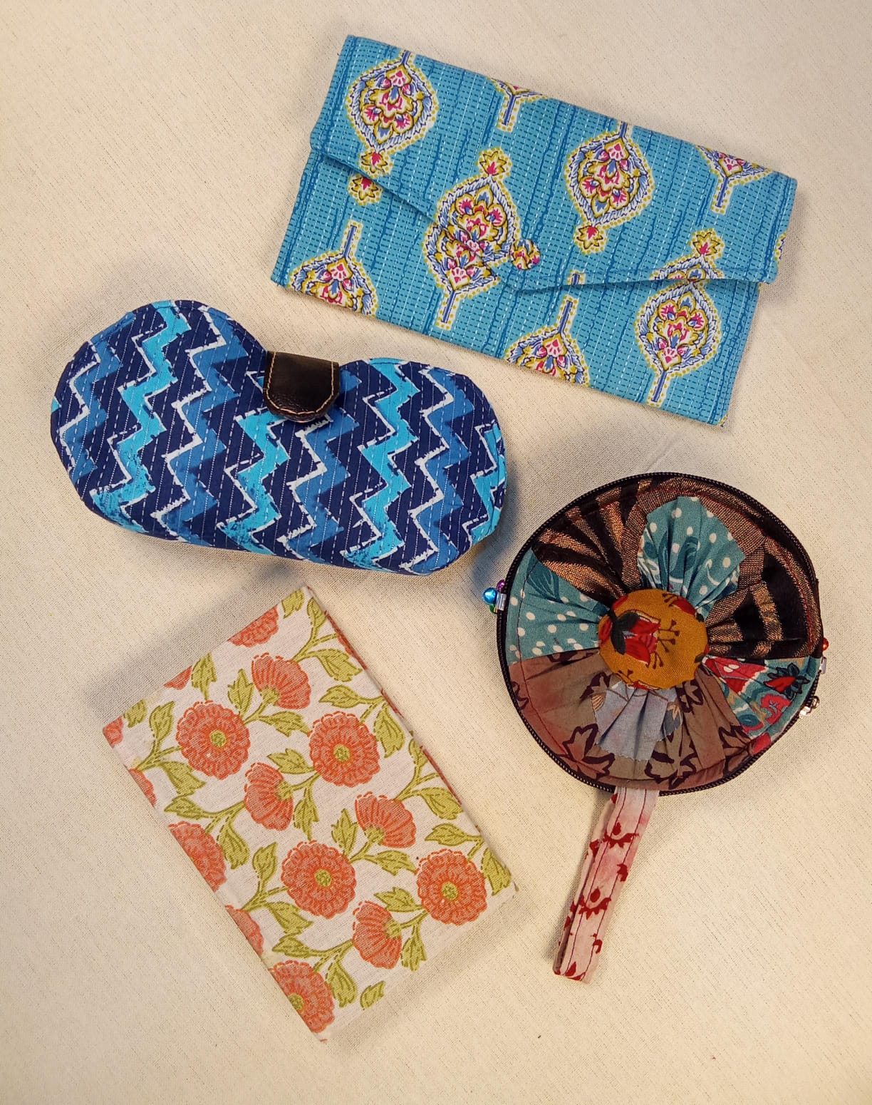 Set of Blue Block Print Clutch, Blue Chevron Eyewear Case, Floral Coin Pouch & Floral Print Diary - Work & Wonder