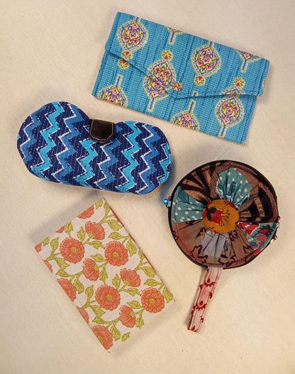 Set of Blue Block Print Clutch, Blue Chevron Eyewear Case, Floral Coin Pouch & Floral Print Diary - Work & Wonder