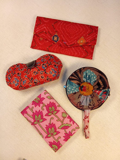 Set of Red Printed Diary, Red Floral Eyewear Case, Red Bandhani Clutch & Patchwork Coin Pouch - Work & Wonder