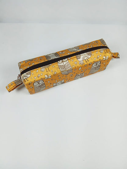 Handcrafted Owl Print Mustard Pencil Box