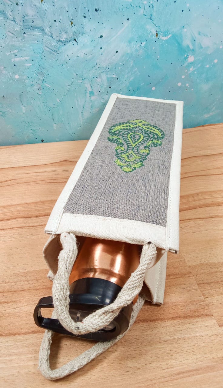 Handcrafted Green Paisley Jute Bottle Cover