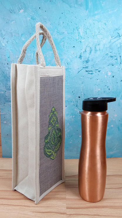 Handcrafted Green Paisley Jute Bottle Cover