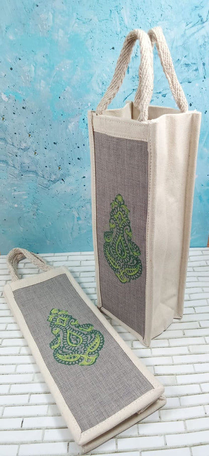 Handcrafted Green Paisley Jute Bottle Cover
