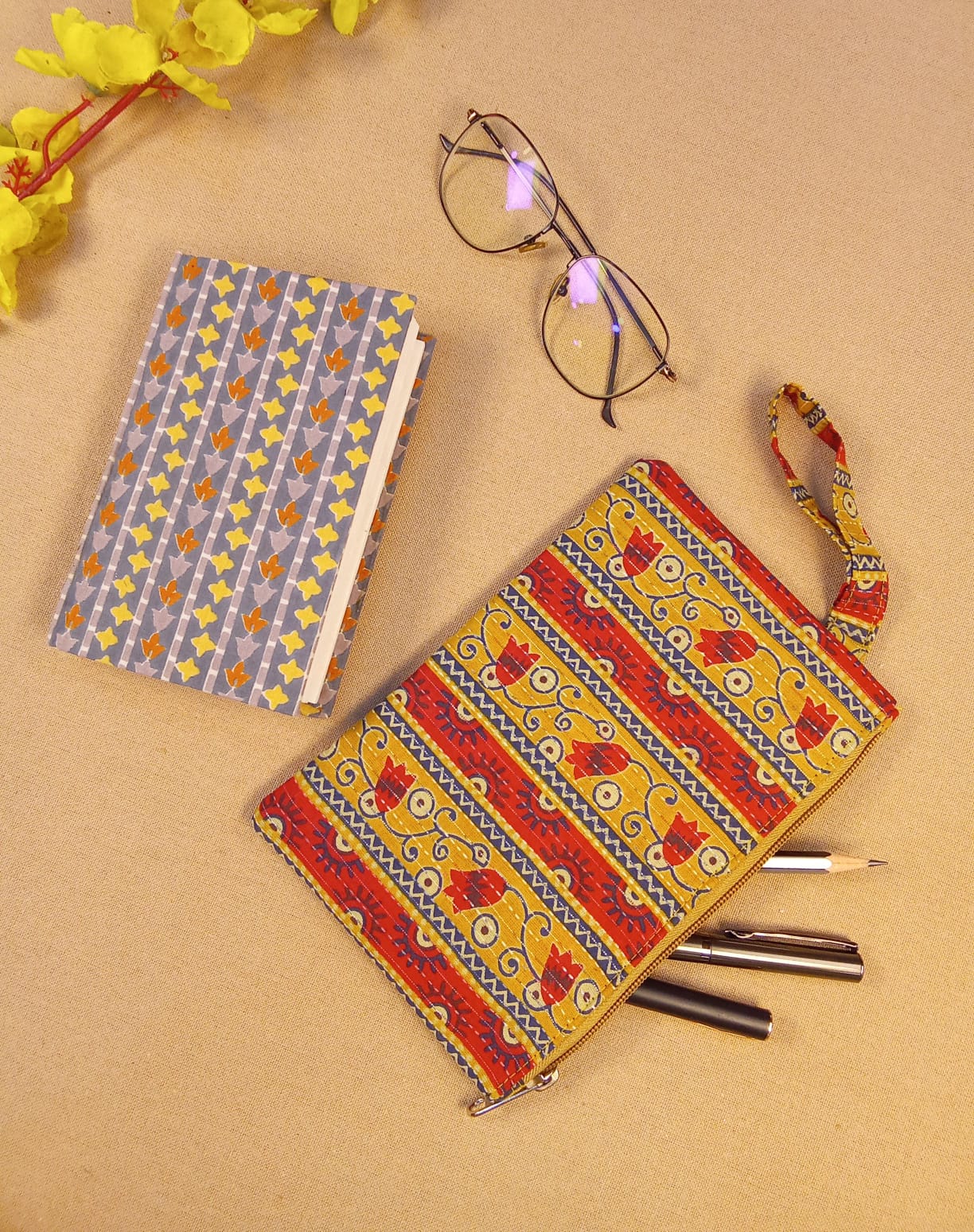Floral Stripe Diary & Printed Pencil Pouch Desk Calm Set