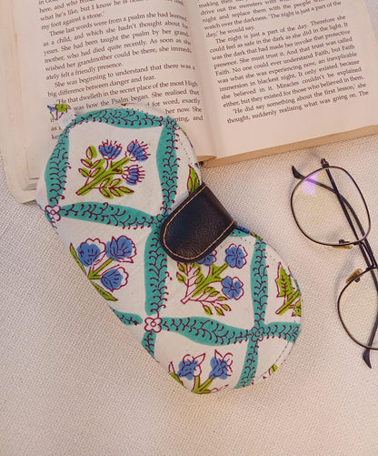 Teal Floral Block Print Handmade Sunglass Case