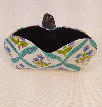 Teal Floral Block Print Handmade Sunglass Case