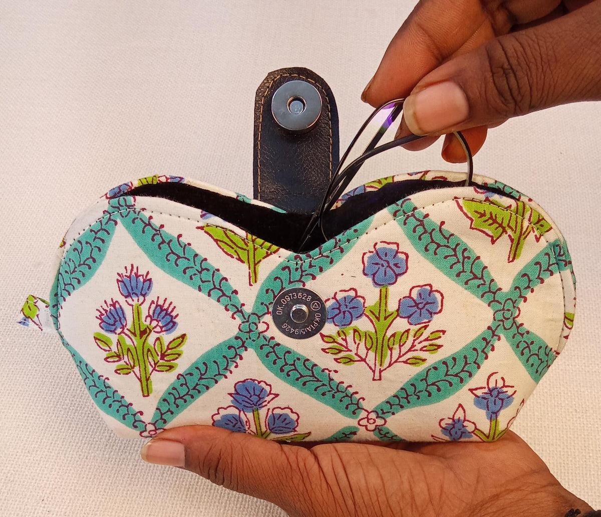 Teal Floral Block Print Handmade Sunglass Case
