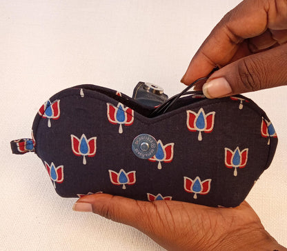 Navy Lotus Print Handmade Sunglass Case
